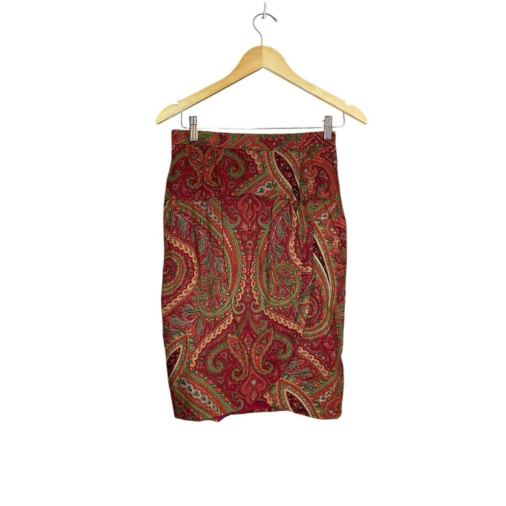 Vintage Paisley Print Tulip Midi Skirt Red Union Made Classic Office Boho